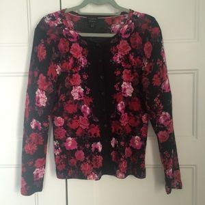 TALBOTS  Merino Wool Red & Pink Floral Cardigan
